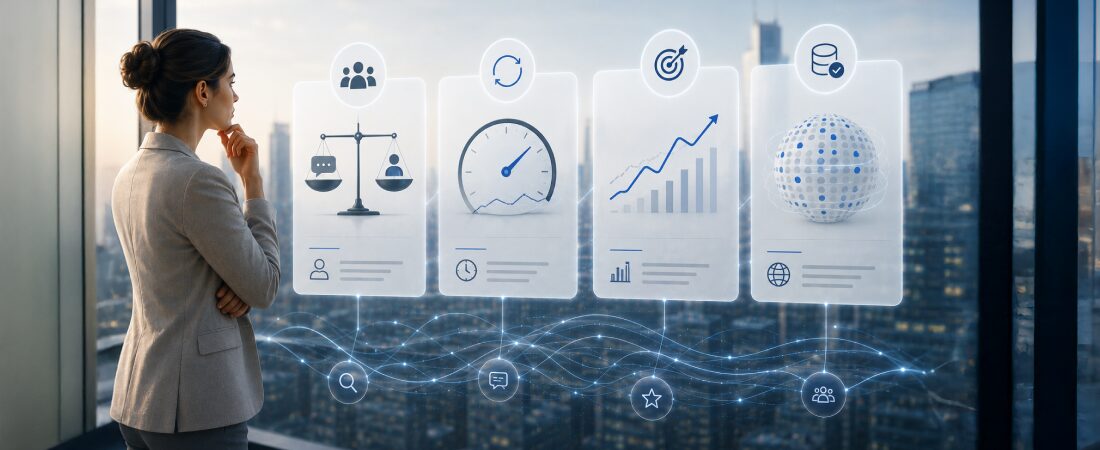 Professional evaluating key features and analytics in brand tracking platforms.