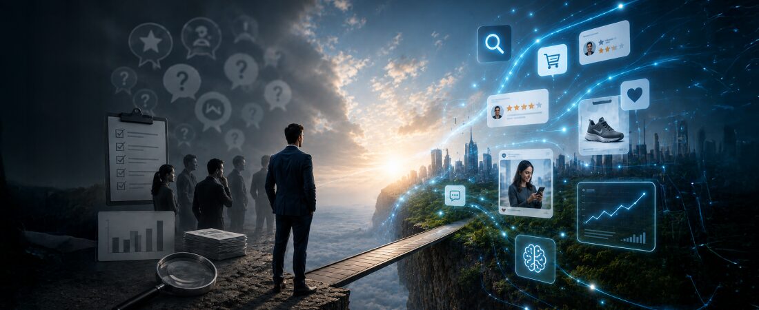 Visual comparison between traditional surveys and real-time digital consumer behavior tracking.