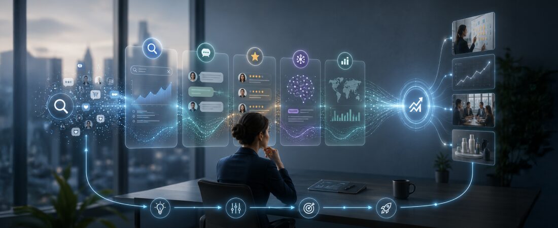 Professional analyzing AI-powered brand tracking dashboards and consumer behavior insights.