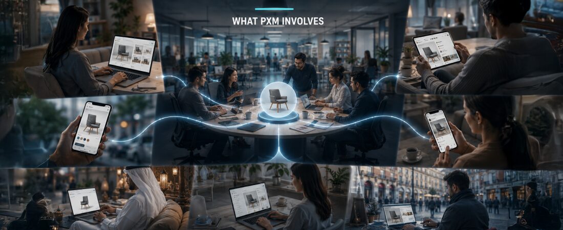 Product Experience Management (PXM) workflow connecting teams, channels, and customer touchpoints to deliver consistent product experiences across global markets.