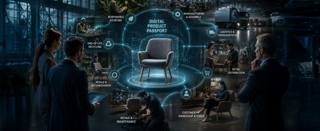 Digital Product Passport visualization tracking a product’s lifecycle from responsible sourcing and manufacturing to customer use, repair, resale, recycling, and sustainability reporting.