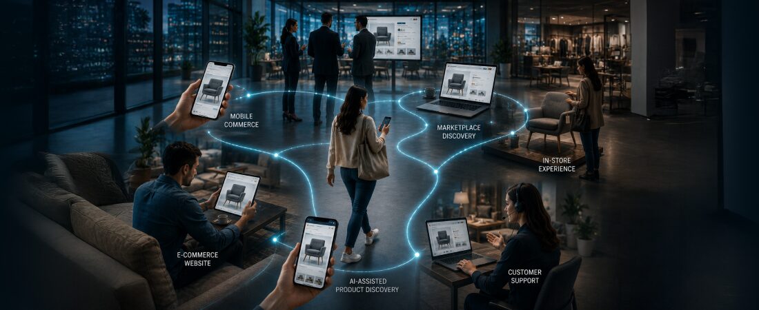 Omnichannel customer journey connecting mobile commerce, ecommerce, AI-powered product discovery, marketplace experiences, in-store shopping, and customer support.