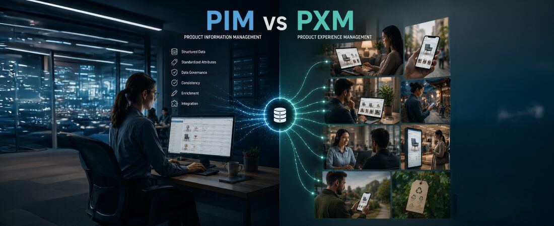 PIM vs PXM comparison showing how product information management powers consistent product data while product experience management delivers personalized customer experiences across channels.