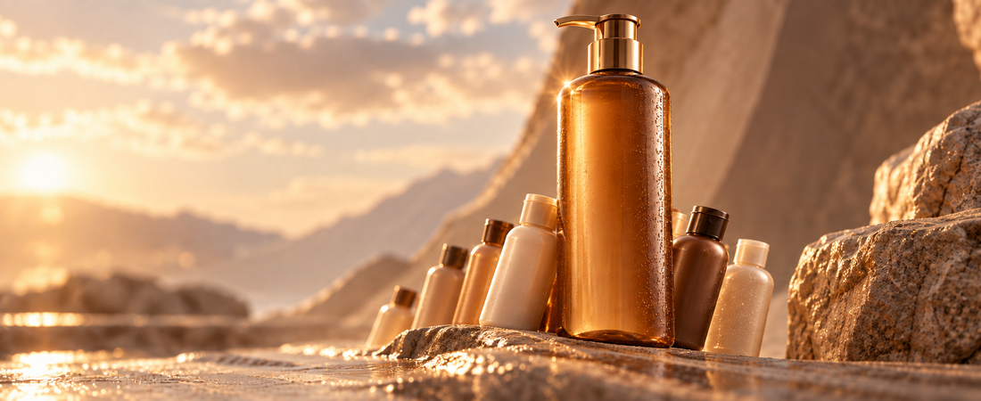 Amber skincare bottle standing among several beauty products against a sunlit natural landscape