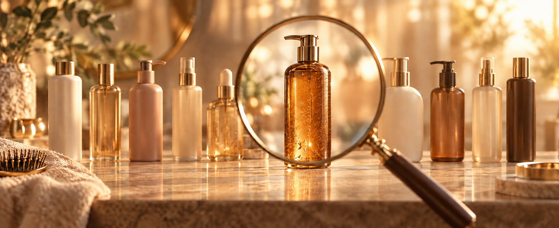 Amber skincare bottle highlighted through a magnifying glass among a range of beauty and personal care products