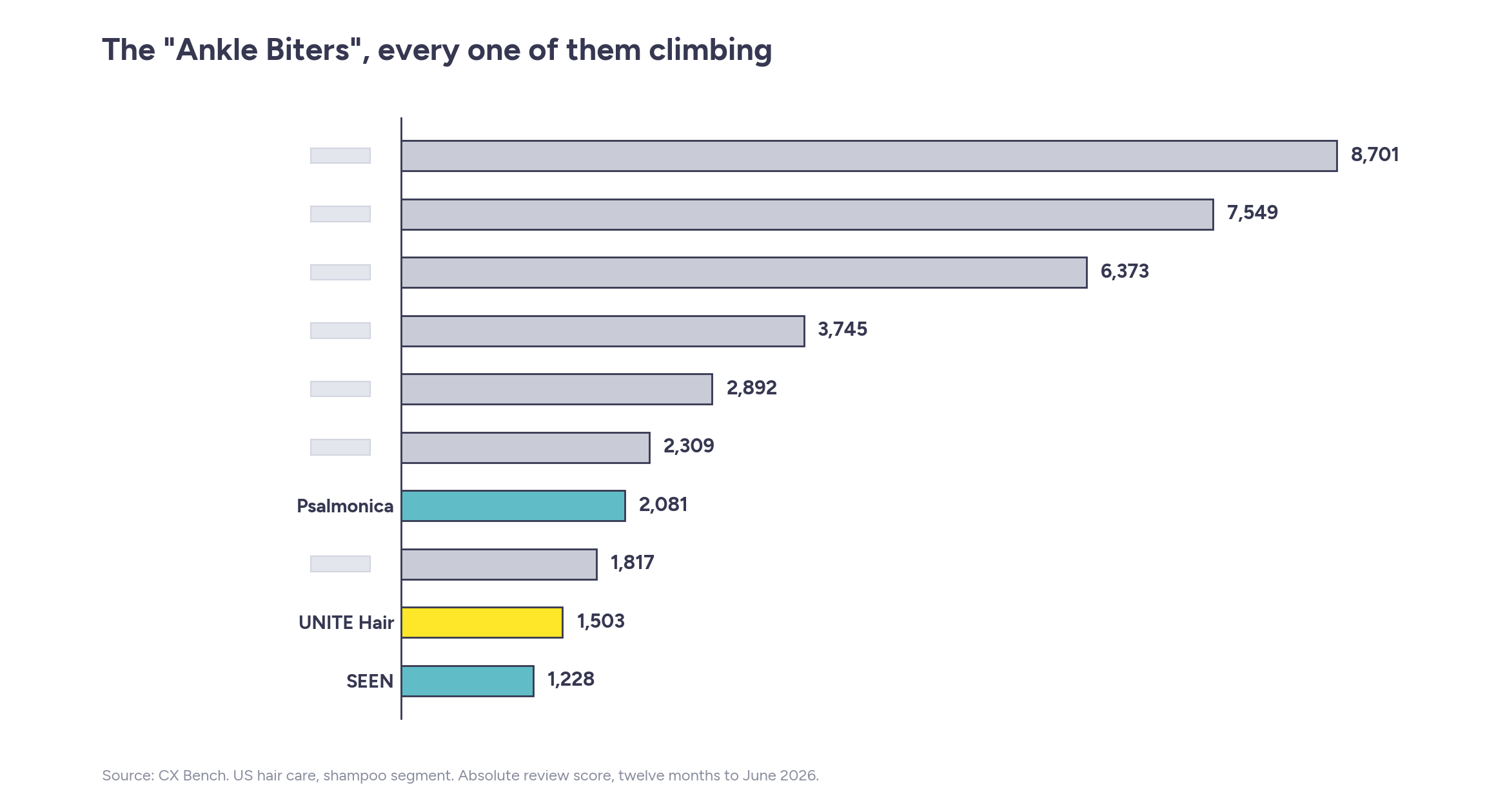 Bar chart of US shampoo review scores, highlighting Psalmonica (2,081), UNITE Hair (1,503) and SEEN (1,228)
